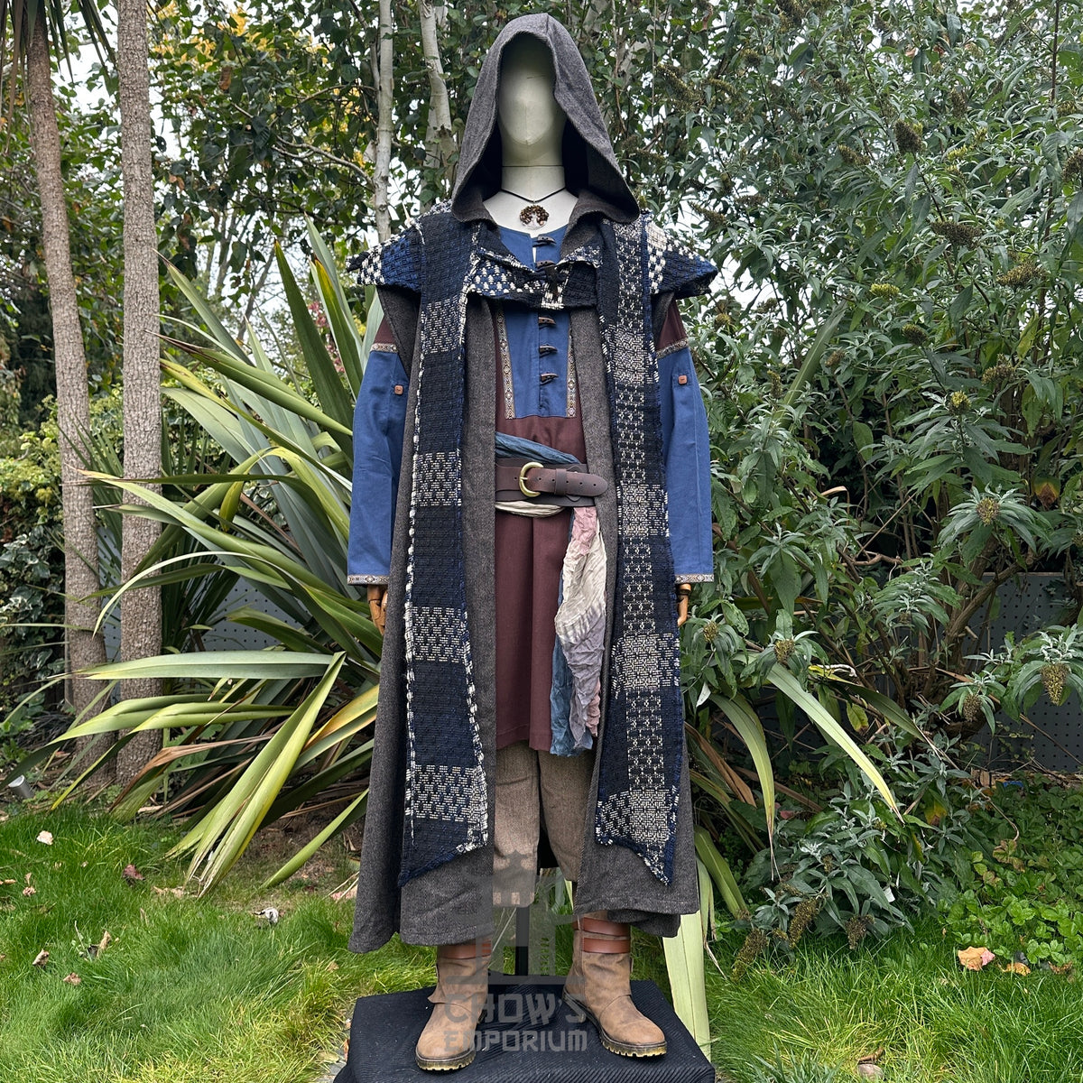 Medieval LARP ranger outfit with tunic, hood, and belt, front view.