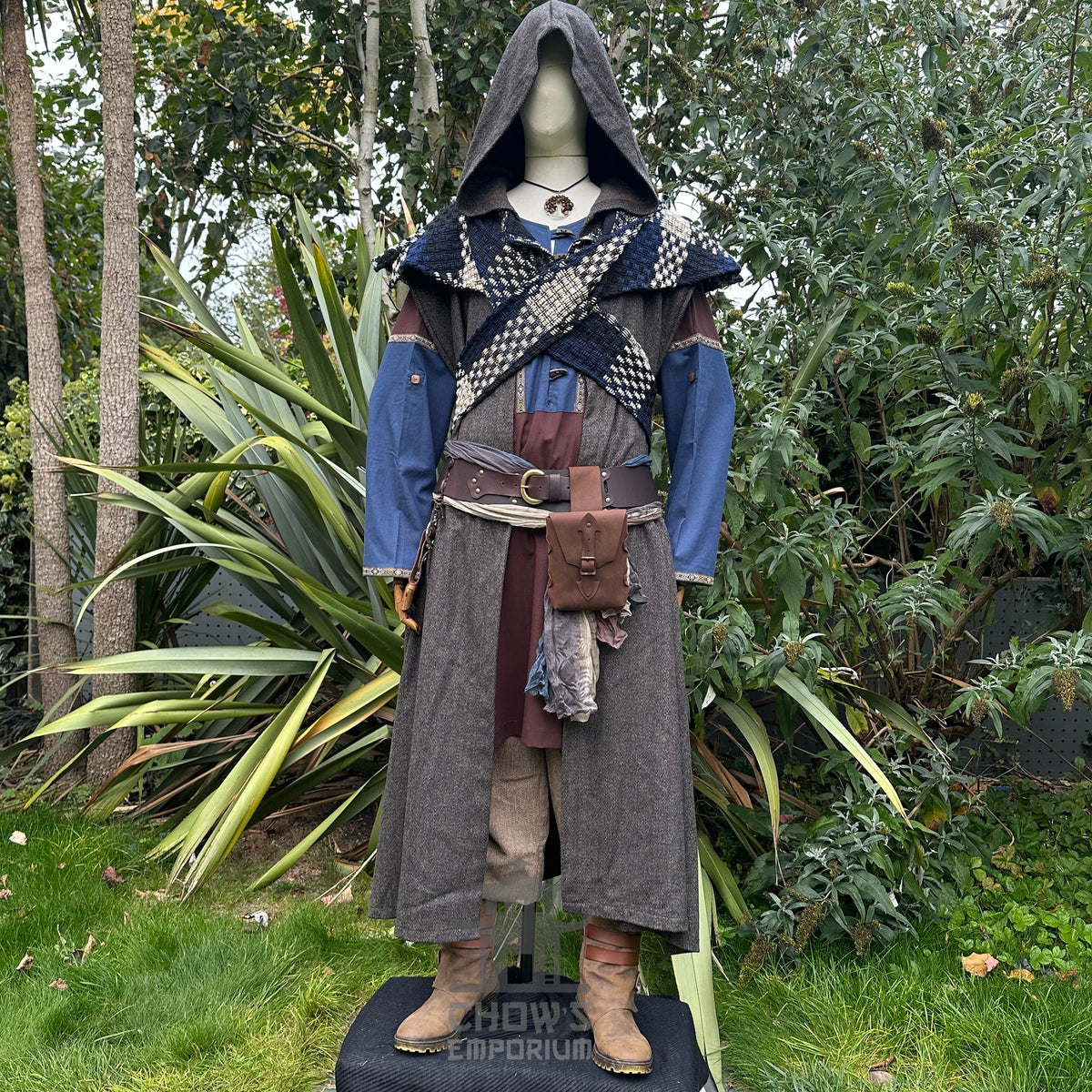 Medieval Ranger LARP outfit with hooded robe, belts, tunic, and sash.