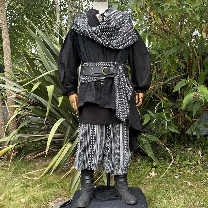 Tenue de LARP Storm Wizard - 5 pièces ; Gilet effet suède bleu, capuche, tunique, brassards, ceinture