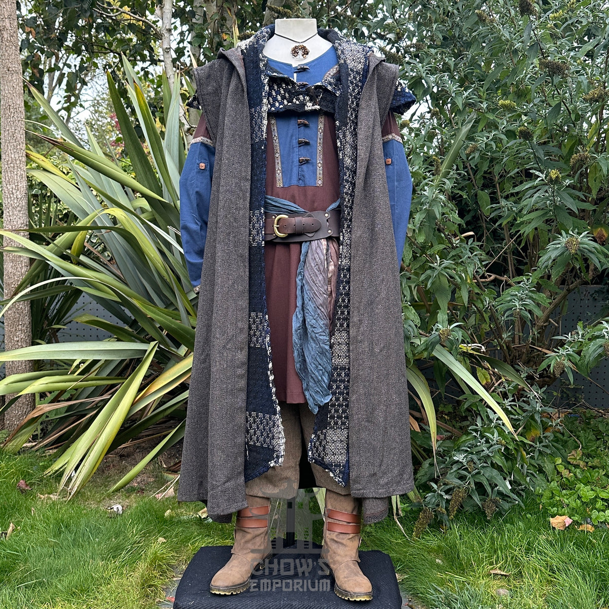 Brown and blue medieval LARP ranger outfit with robe, tunic, and hood.