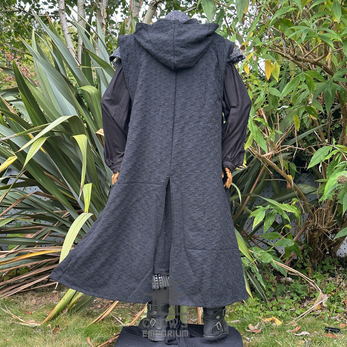 Dark hooded medieval LARP cape and robe, back view, textured fabric.