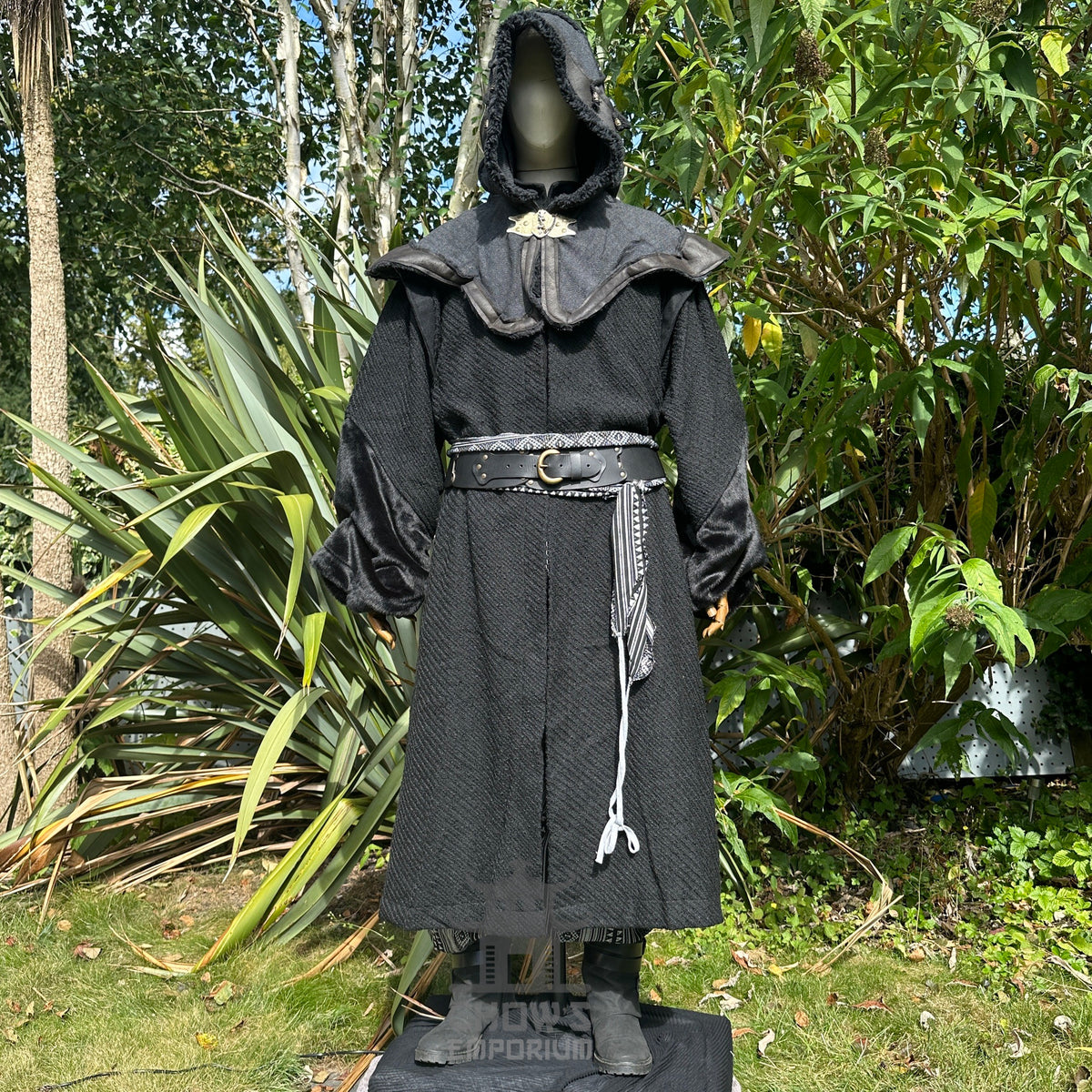 Dark Master LARP outfit in black, includes robe, hood, arm wraps, belt, sash.