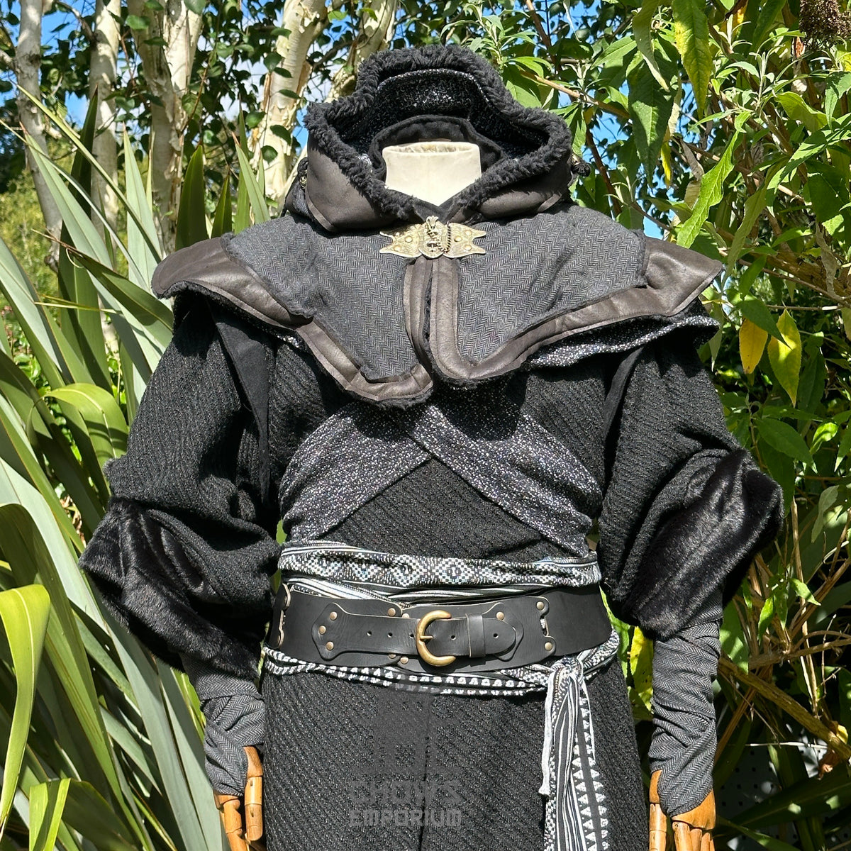 Dark medieval LARP set with black robe, layered hood, arm wraps, belt, sash.