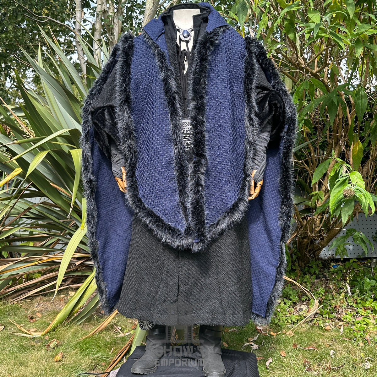Medieval LARP outfit with navy cape, fur trim, and black robe, front view.