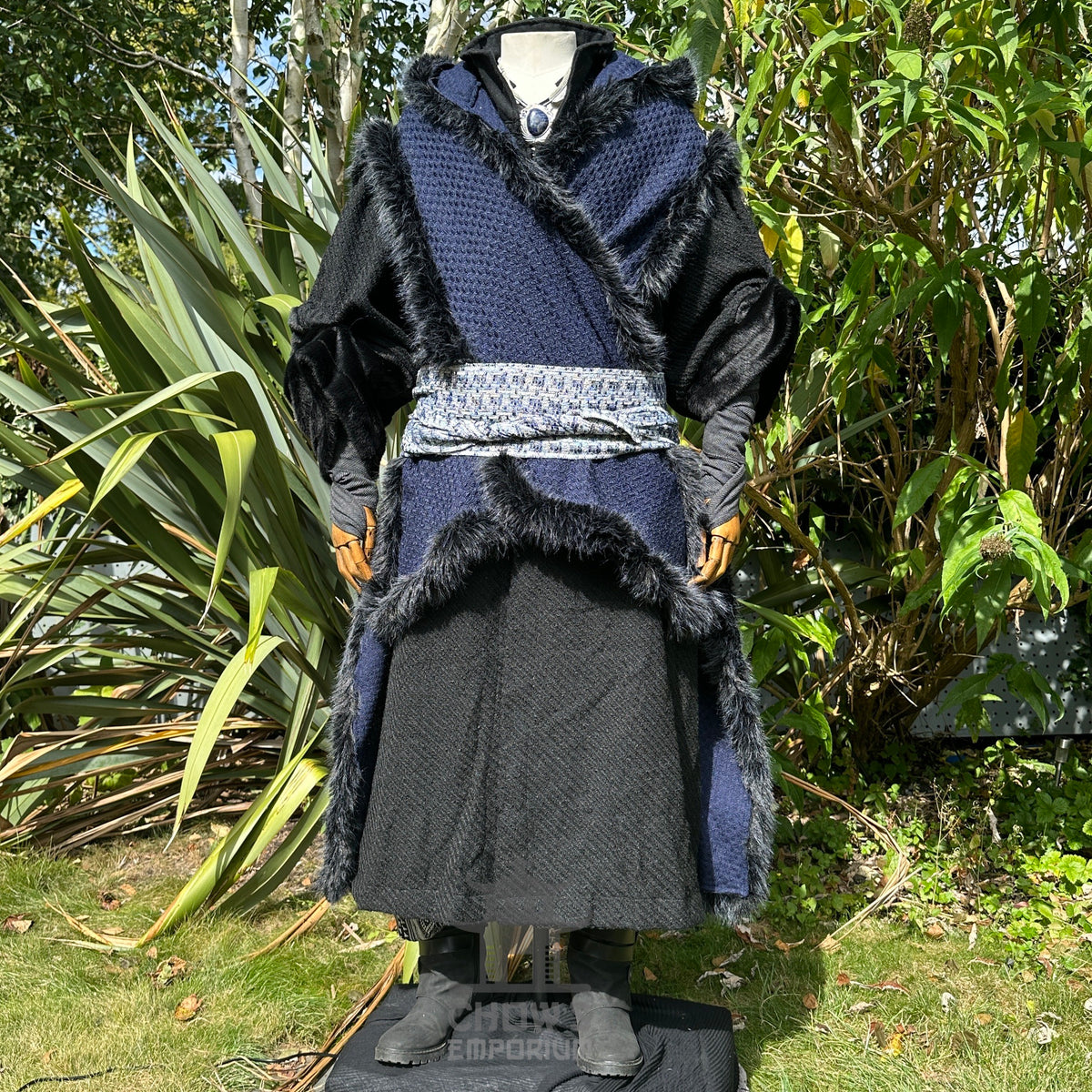 Medieval LARP warlock outfit with black and blue cape and robe, front view.