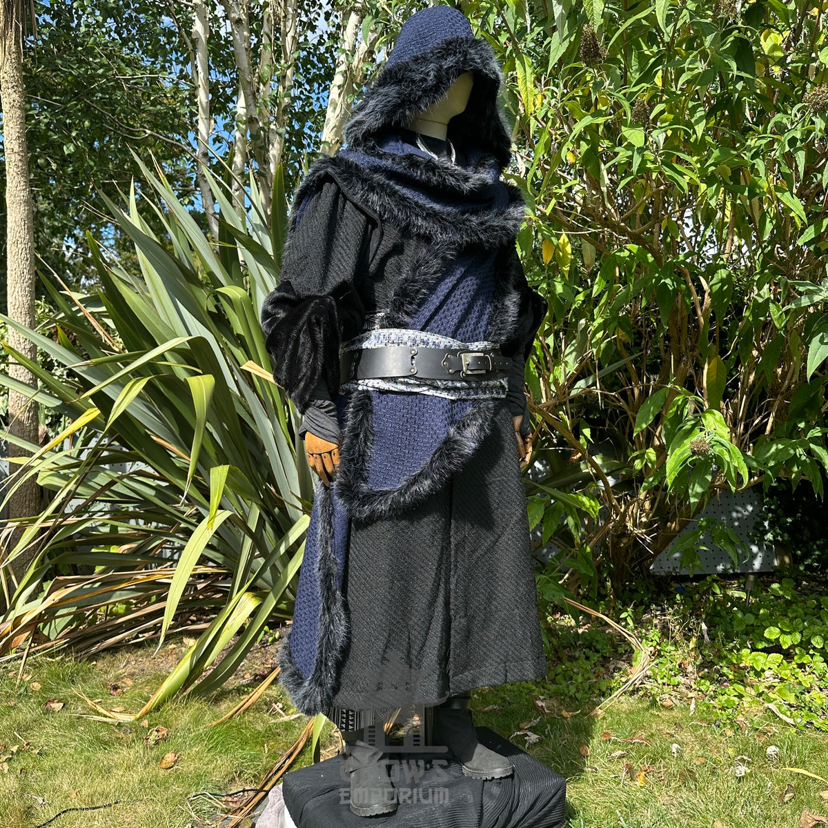 Medieval LARP warlock outfit with black fur-trimmed cape and belt.