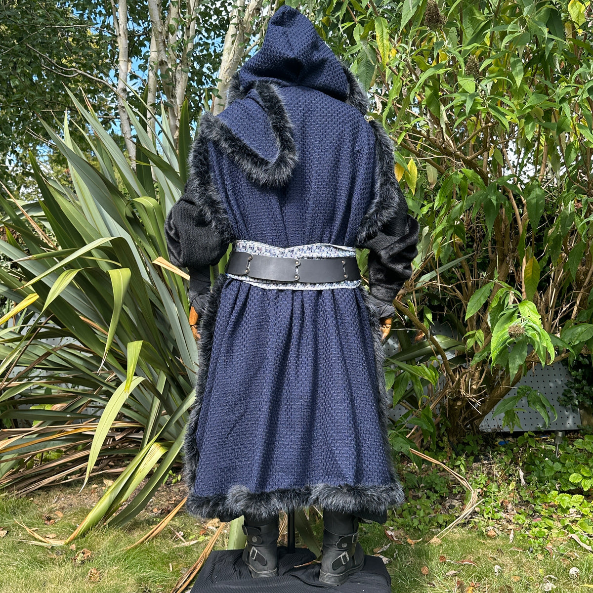 Back view of blue and black Viking LARP cape, full-length medieval fantasy cosplay costume with.