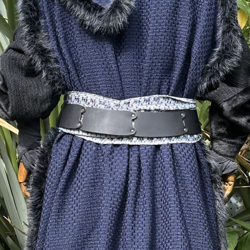 LARP Belt and Sash Set - Blue & White Knitted Pattern - Buffalo Leather