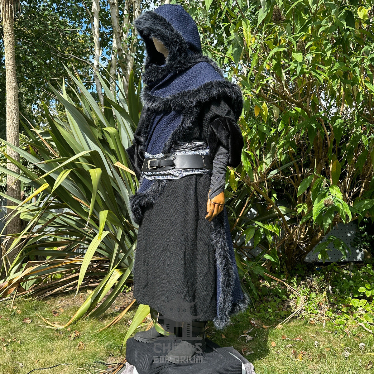 LARP medieval costume with faux fur hood, side angle.