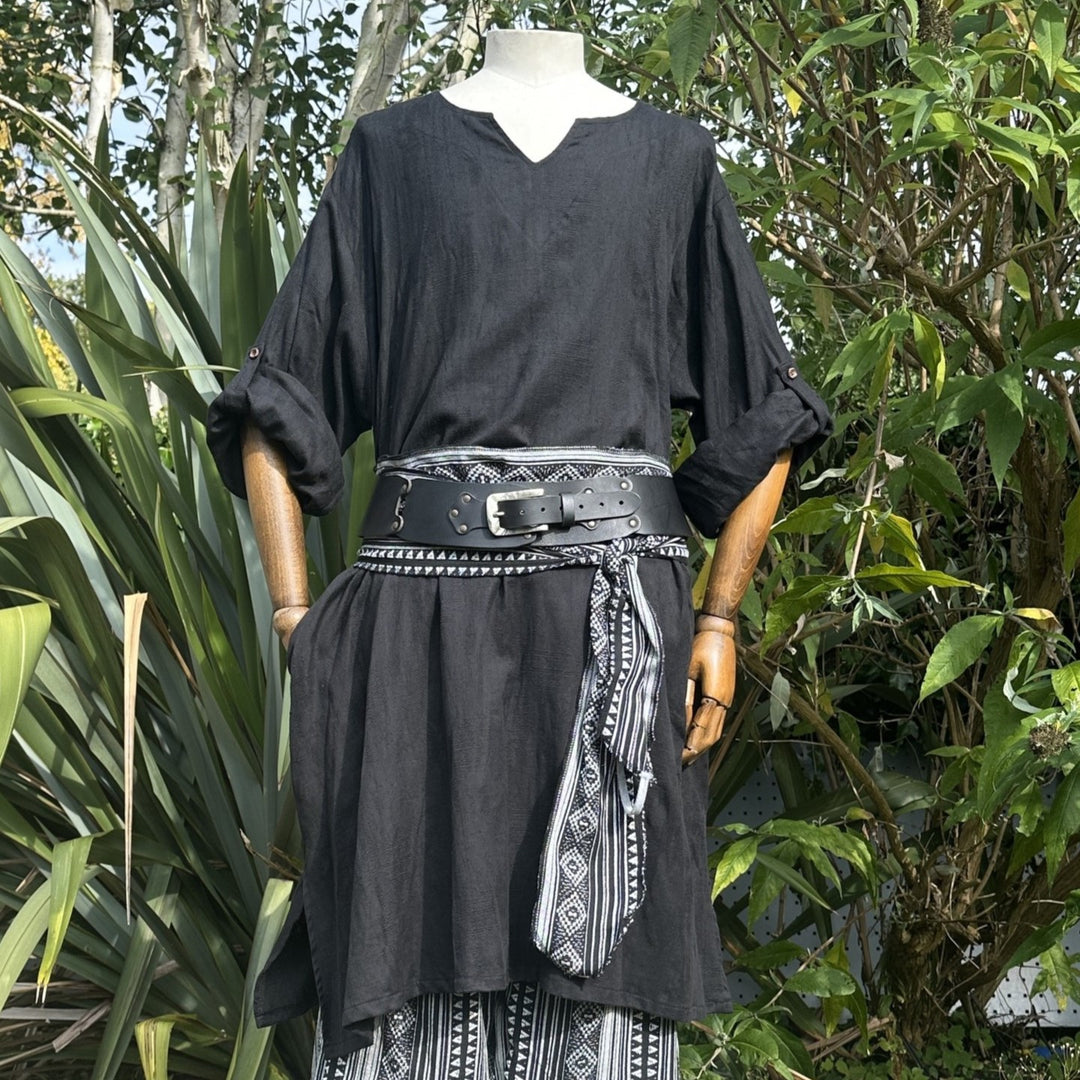 Medieval LARP black tunic, patterned trousers and sash. For Renaissance Faire and historical roleplay events. Front View.