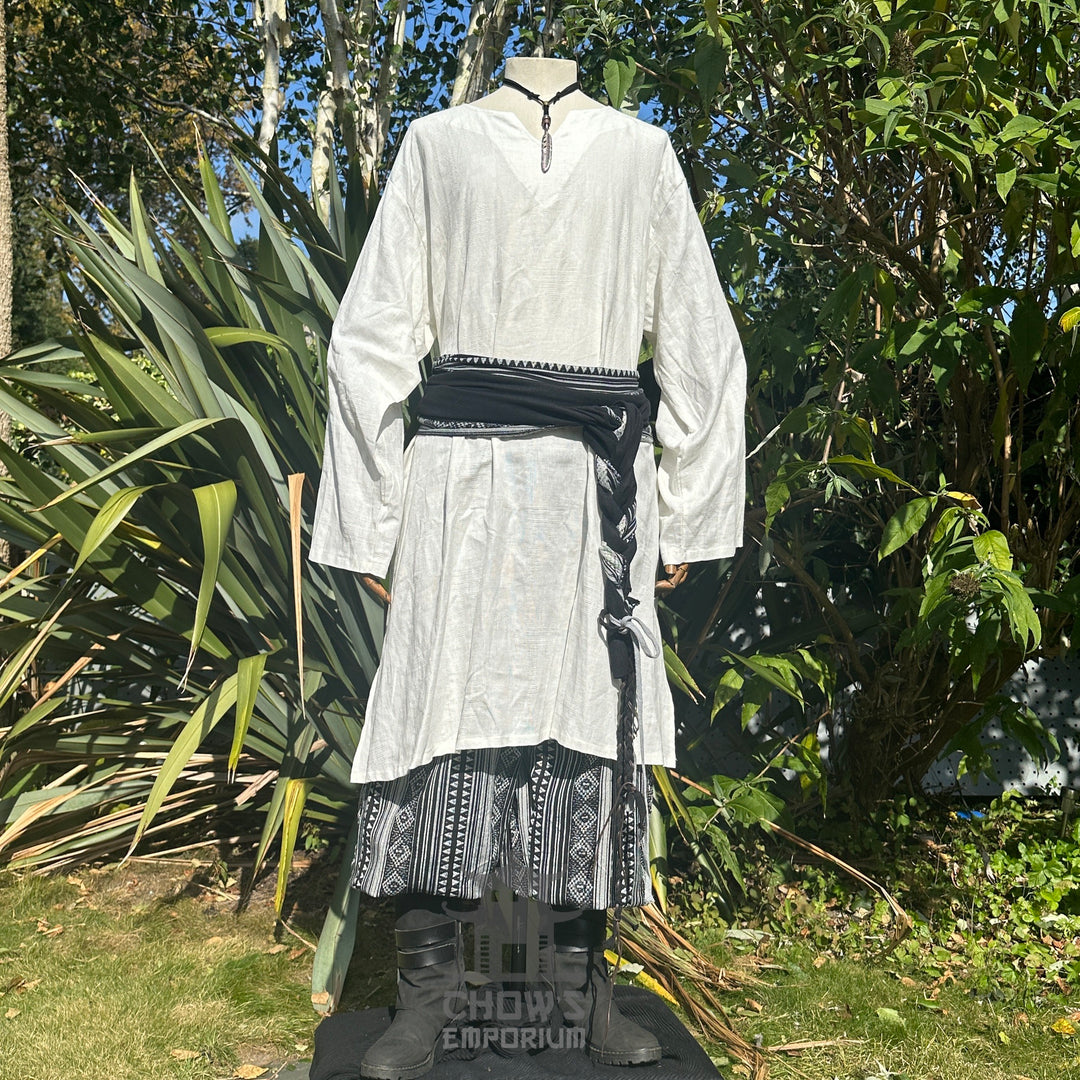 LARP Basic Outfit - 5 Pieces White & Black (Tunic, Trousers, Belt and Sashes)