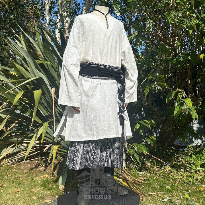 LARP Basic Outfit - 5 Pieces White & Black (Tunic, Trousers, Belt and Sashes)
