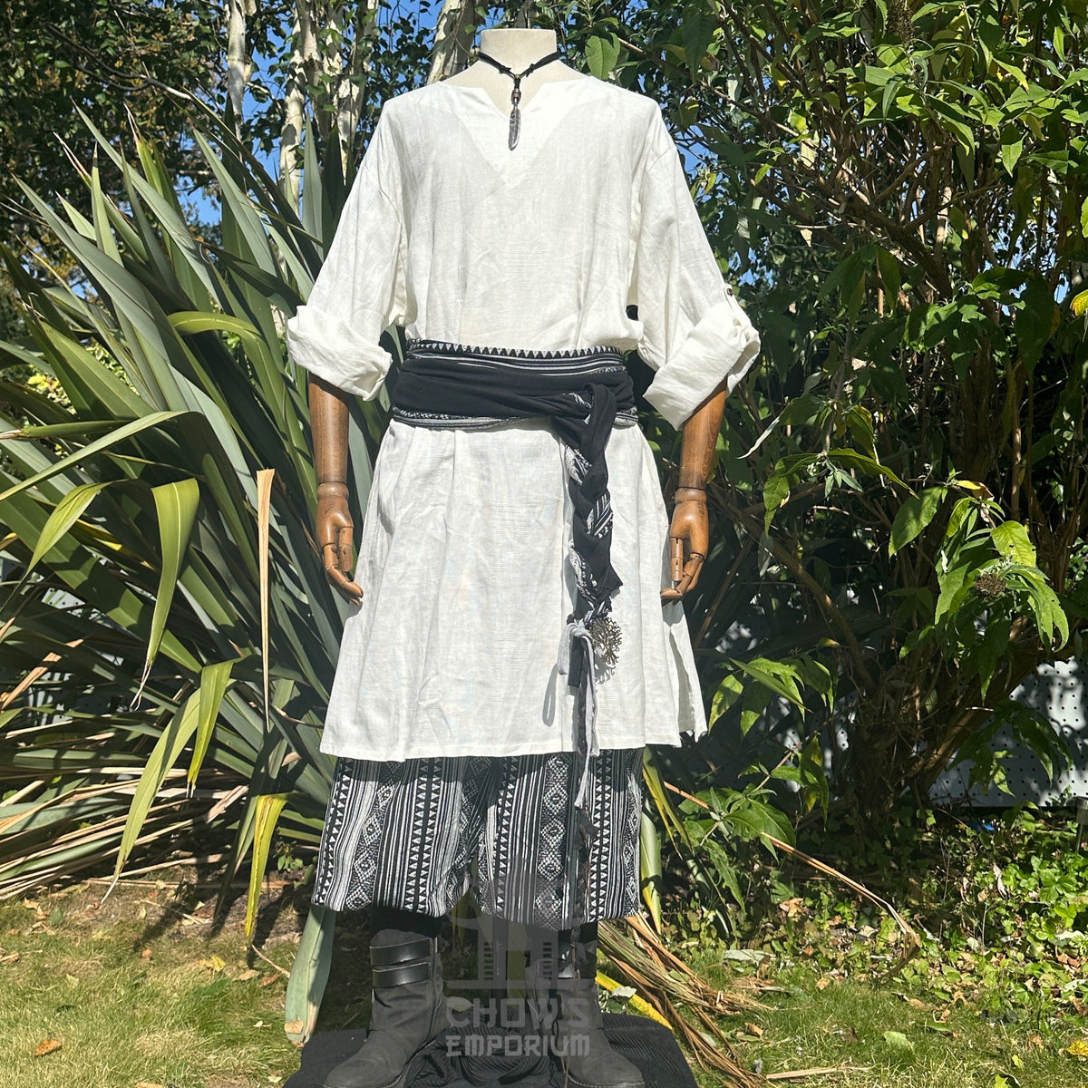 Medieval LARP outfit front view, featuring a grey tunic, trousers, leather belt and sashes.