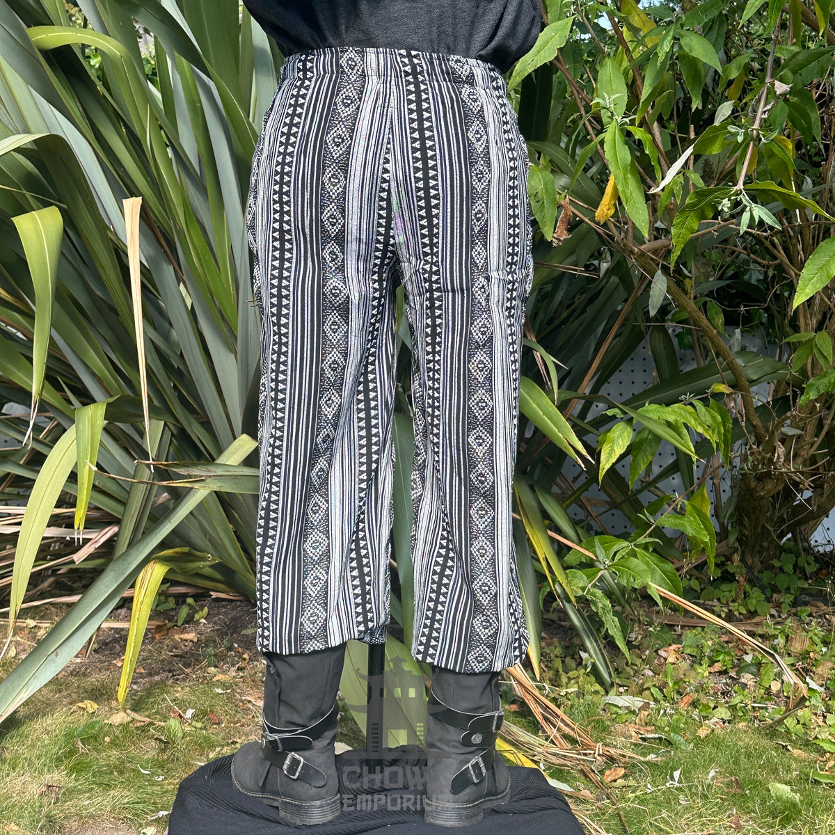 medieval straight leg pants LARP trousers black white patterned cotton back.