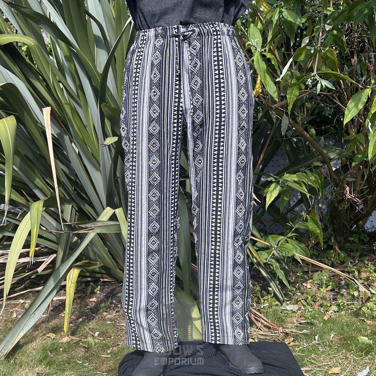 medieval straight leg pants LARP trousers black white patterned cotton fron botts under.