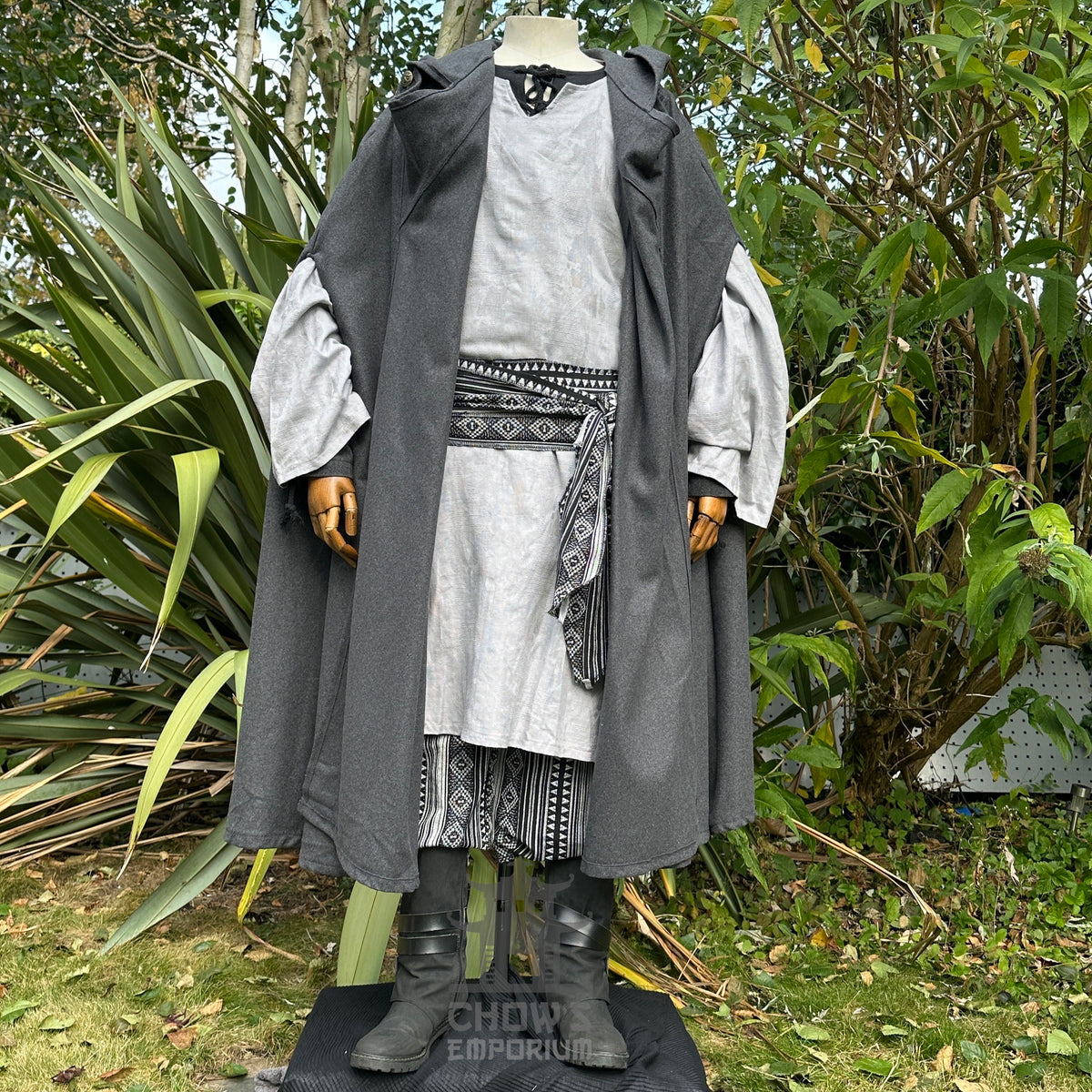 LARP outfit with dark grey hooded cloak, detailed sash.