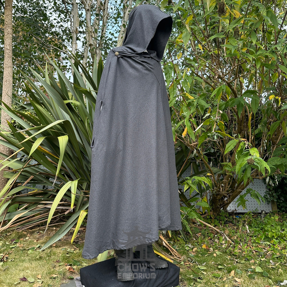 Dark grey LARP cloak with hood, side view, draped over mannequin.