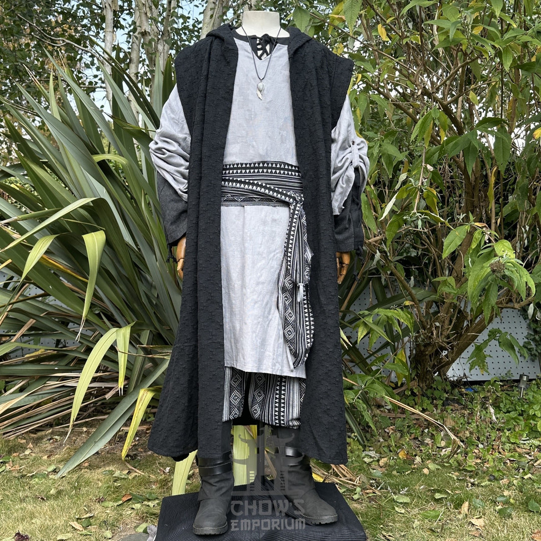 Medieval LARP outfit front view, featuring a black hooded robe, grey tunic, and sash. For Renaissance Faire and historical roleplay events.