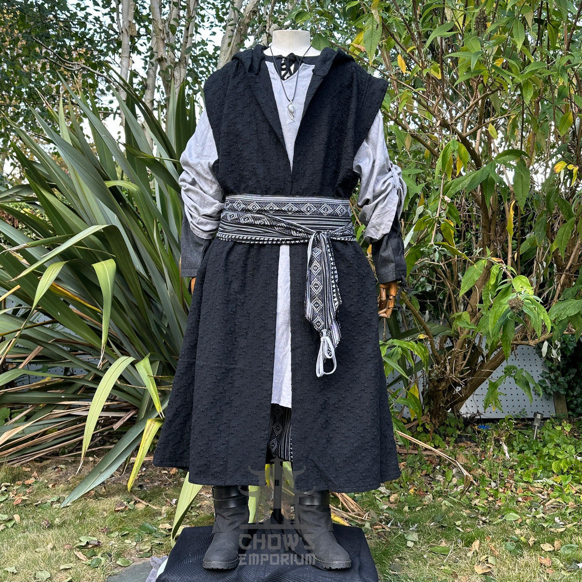 Viking Lord LARP set with black robe, grey tunic, and ornate sash.