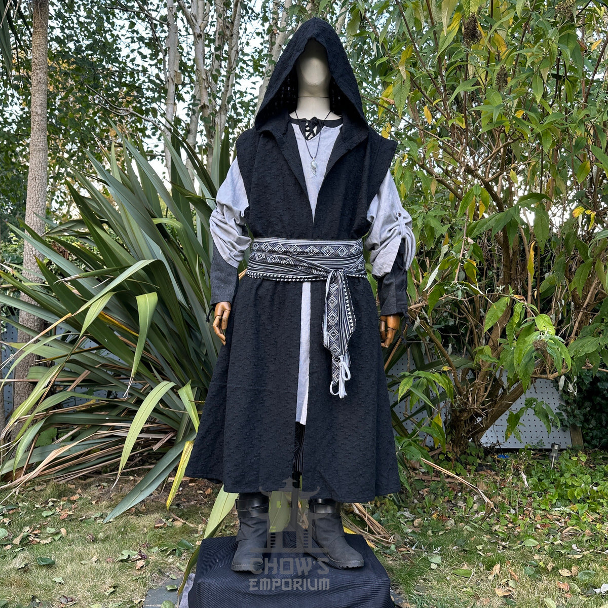 Viking Lord LARP set with black robe, grey tunic, patterned sash, front view.