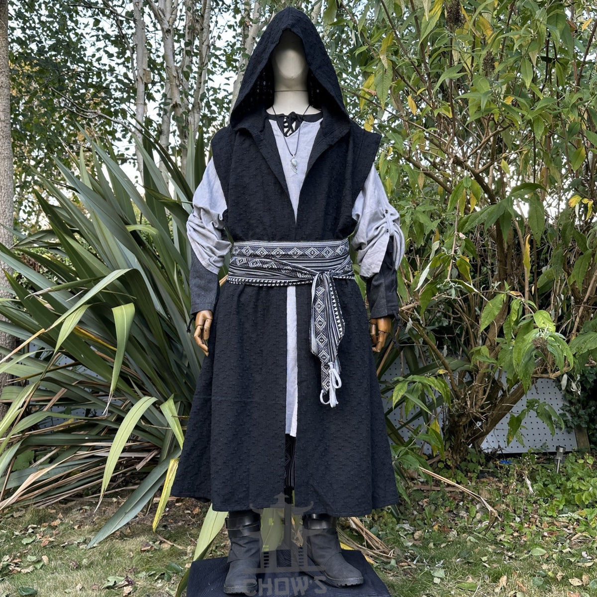 Front view of hooded black sleeveless LARP robe, medieval fantasy cosplay costume for wizards.