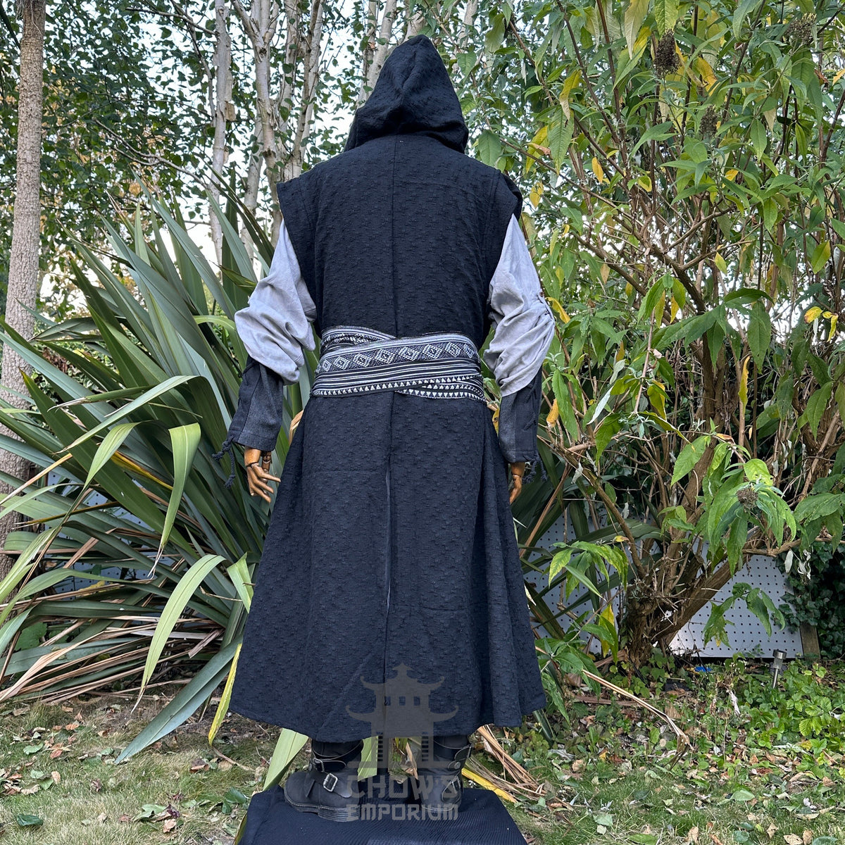 Viking Lord LARP set with black hooded robe, grey tunic, patterned sash.