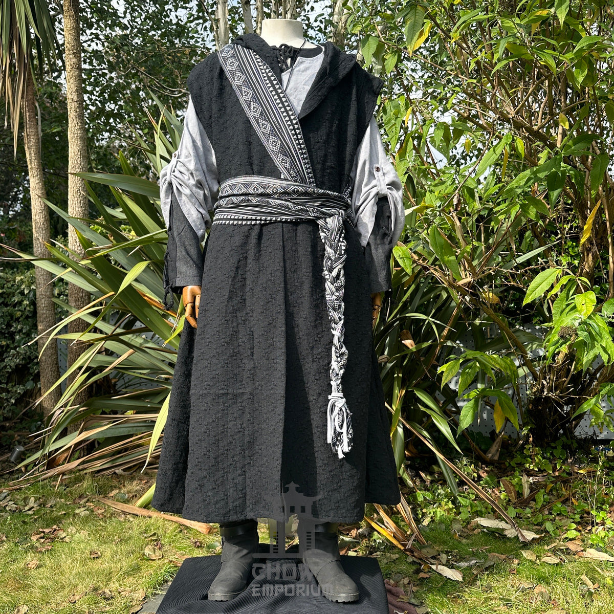 Medieval LARP black robe with braided belt and hood.