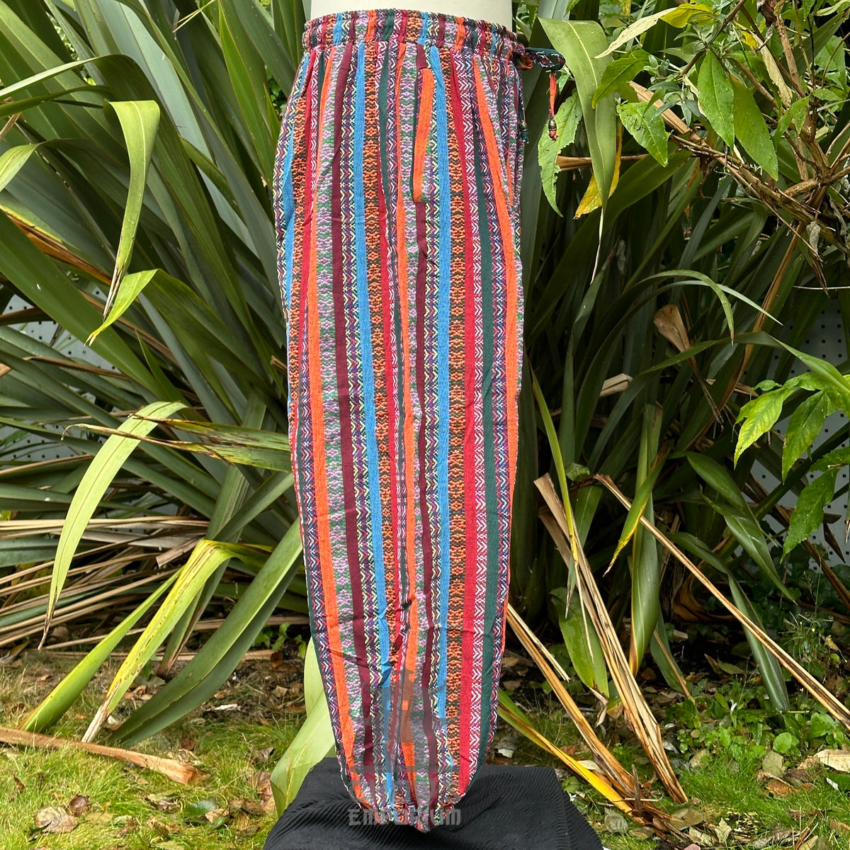 Blue and red striped pants for LARP, side view, lightweight fabric.