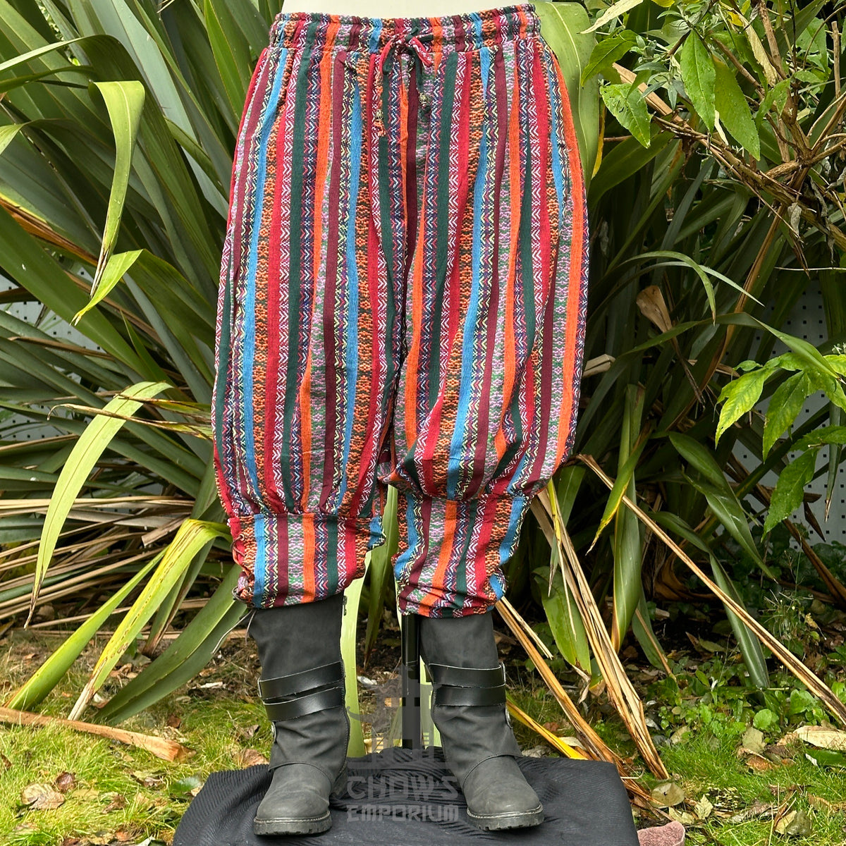 Front view of multi-color Viking trousers with crossover lacing and relaxed fit.
