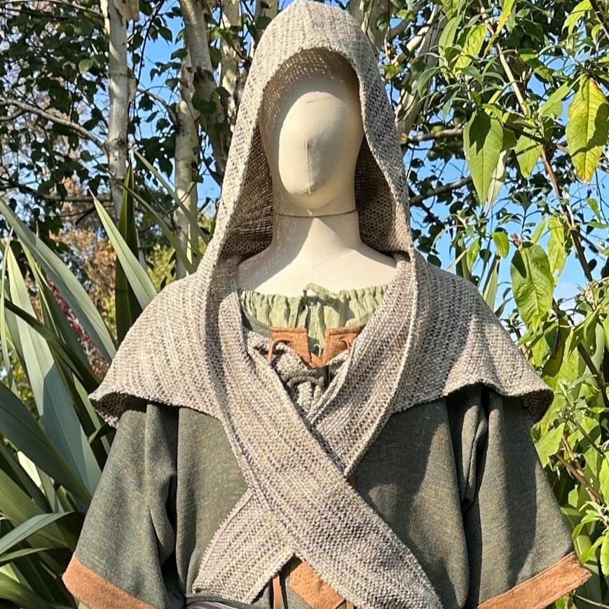 LARP medieval outfit with green robe, beige hood and sash, front view.