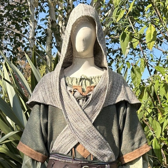 Sage green wool scarf hood for medieval LARP, front view.