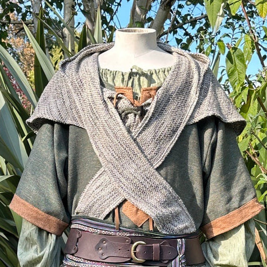 Sage green wool scarf hood in medieval style, front view.
