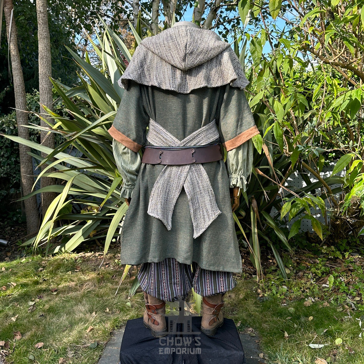 Sage green wool scarf hood in medieval style, rear view, LARP costume.