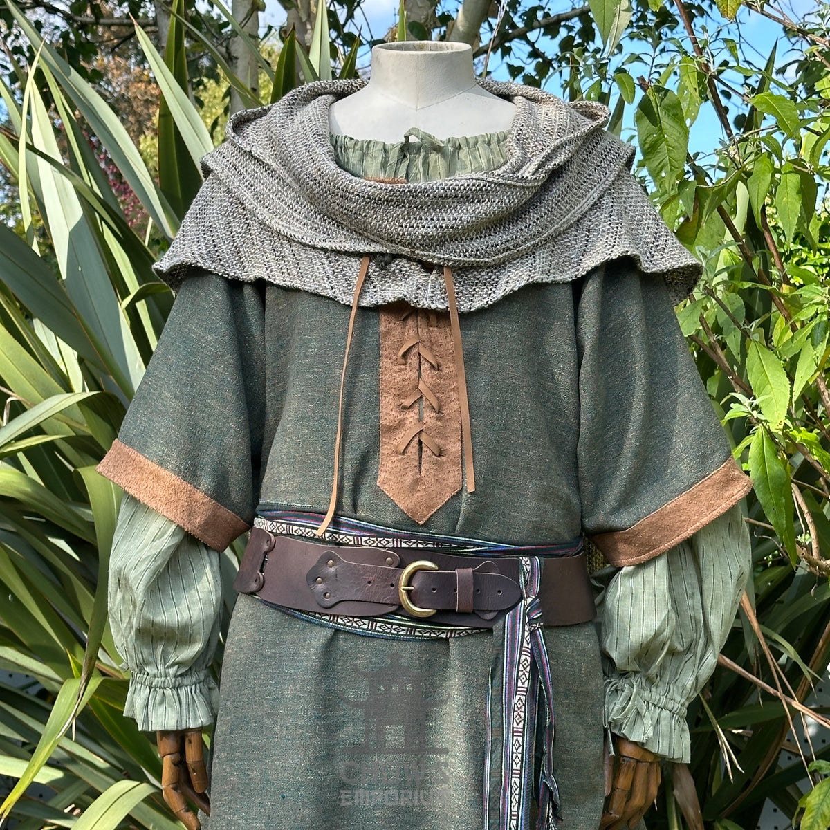 Sage green wool LARP scarf hood over medieval tunic, front view.