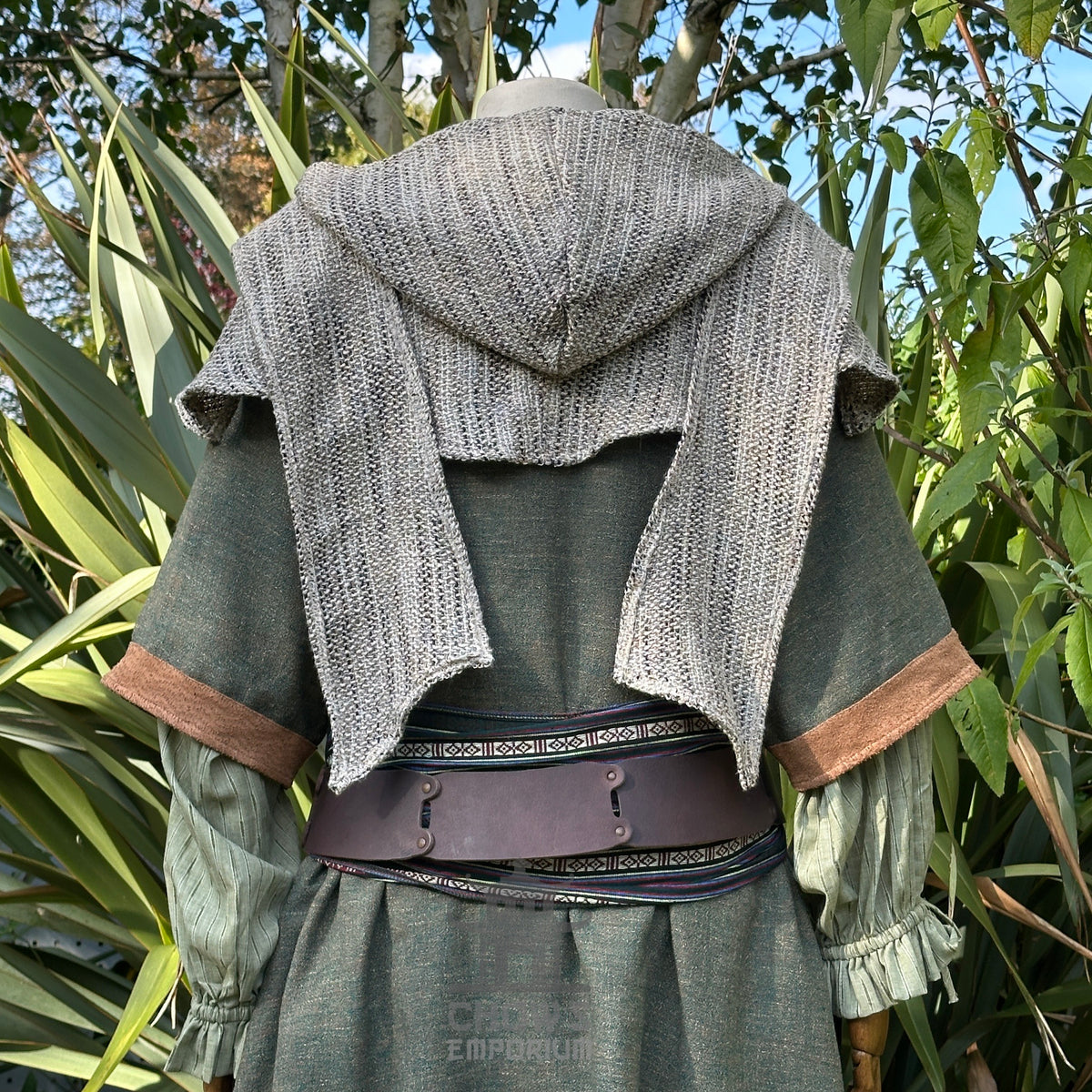 Sage green LARP medieval wool scarf hood, draped from back angle.