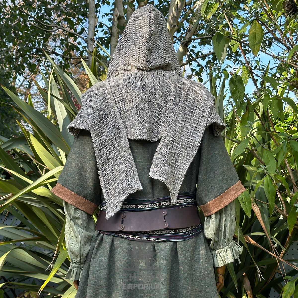 Sage green wool scarf hood, medieval style, back view.