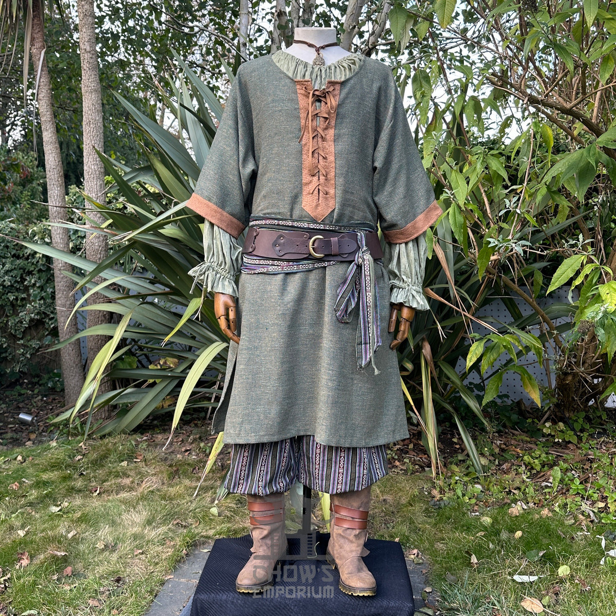 Verdant green ranger LARP attire with robe, belt, and medieval tunic style.