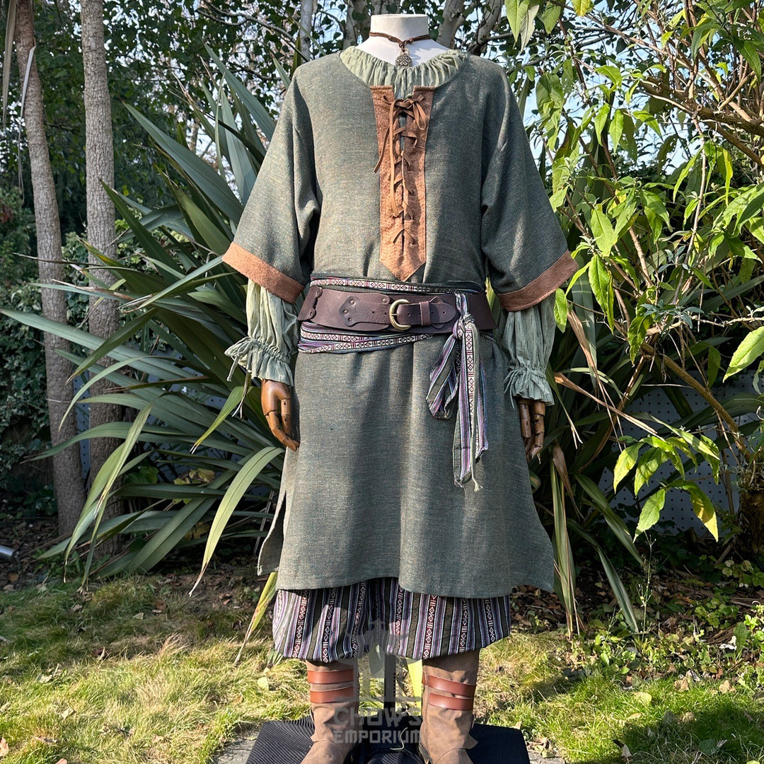 LARP-Outfit für Schurken-Druiden – 7 Teile: Jacke, Kapuze, Armschienen, Tunika, Hose, Gürtel, Schärpe