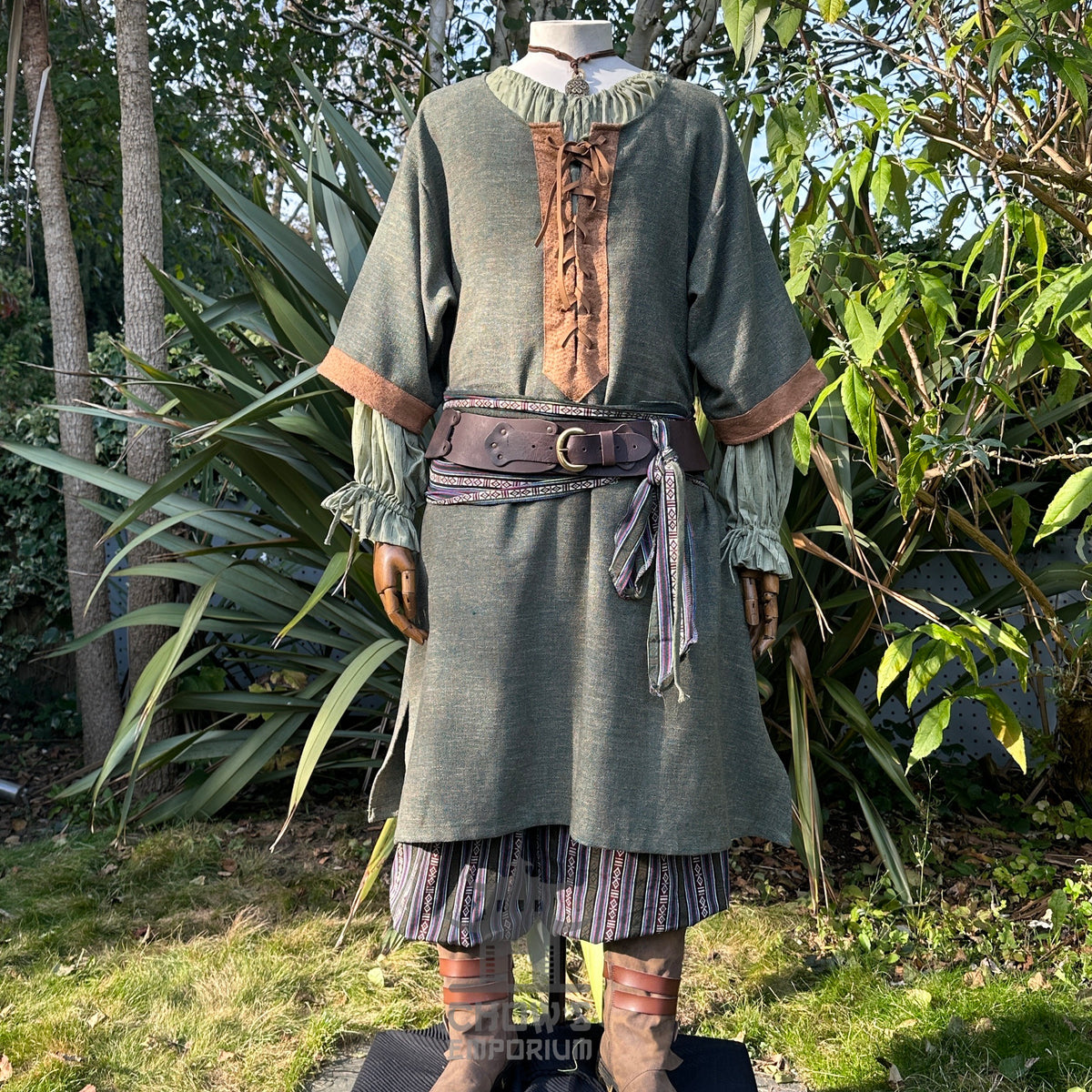Three-piece green tunic outfit with striped medieval LARP sash.
