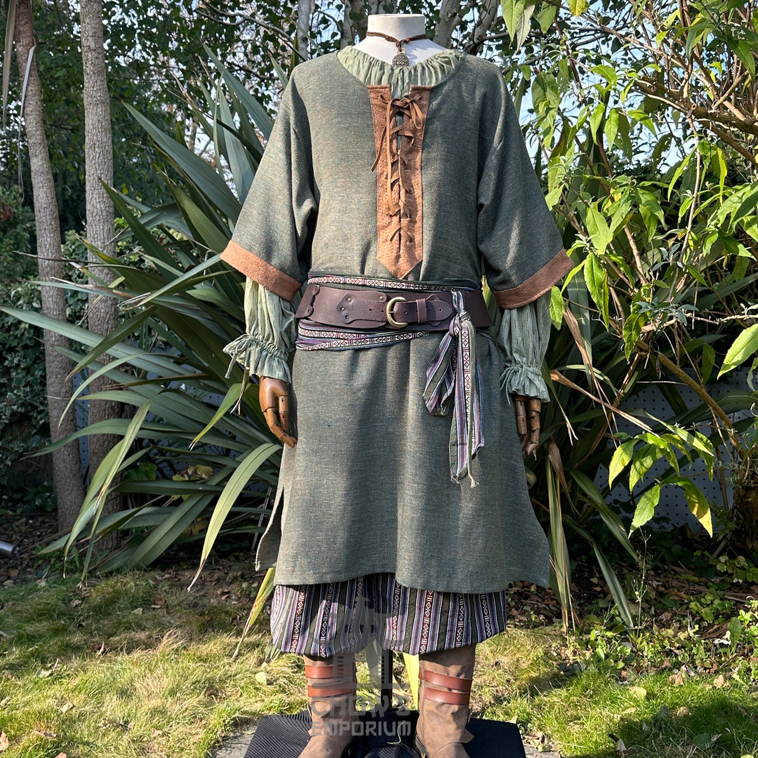 LARP-Basis-Outfit – 2-teilig: Zweifarbige Tunika aus braunem und grauem Mohair und braune Wollschärpe