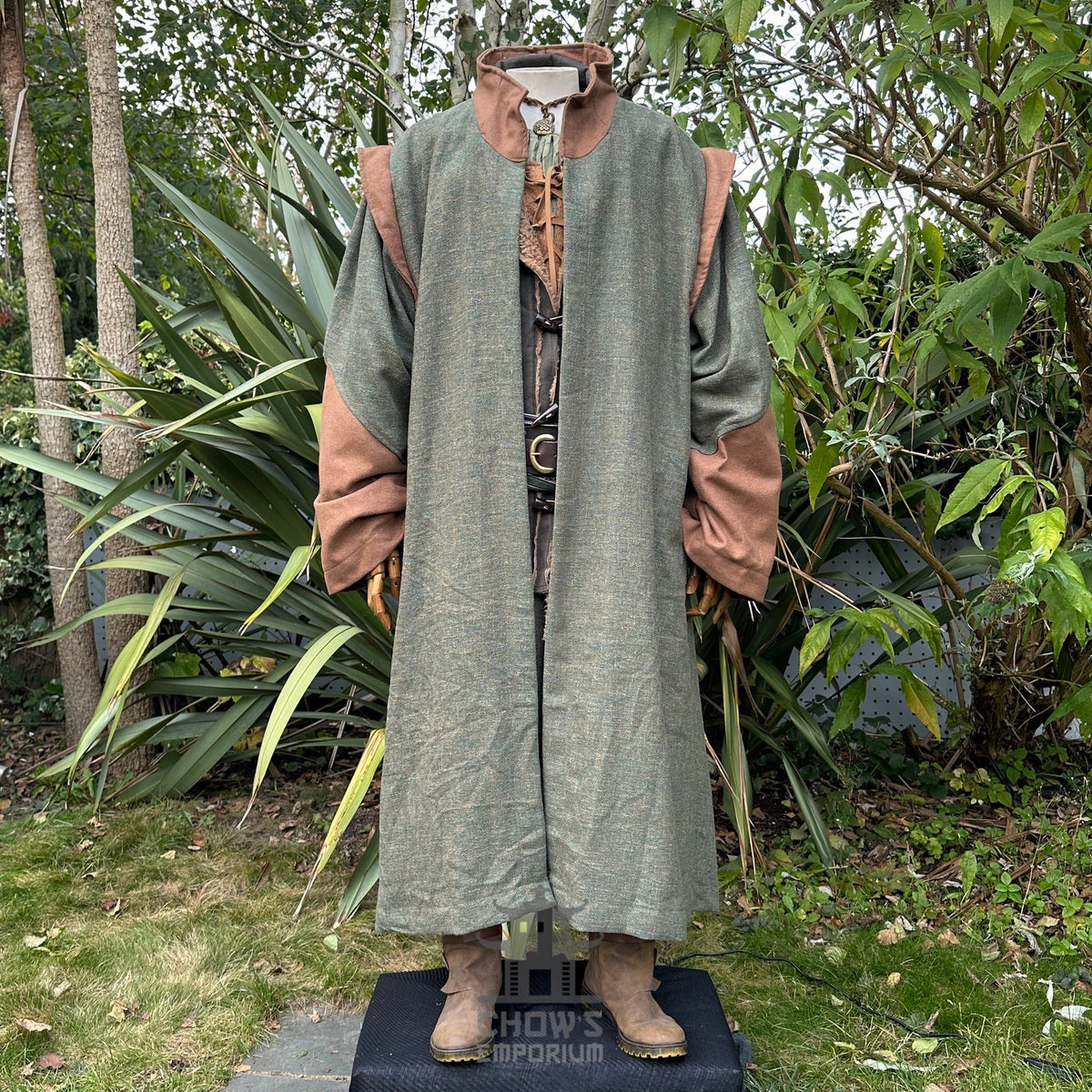 Front view of green and brown medieval LARP robe with high collar, fantasy cosplay costume for.
