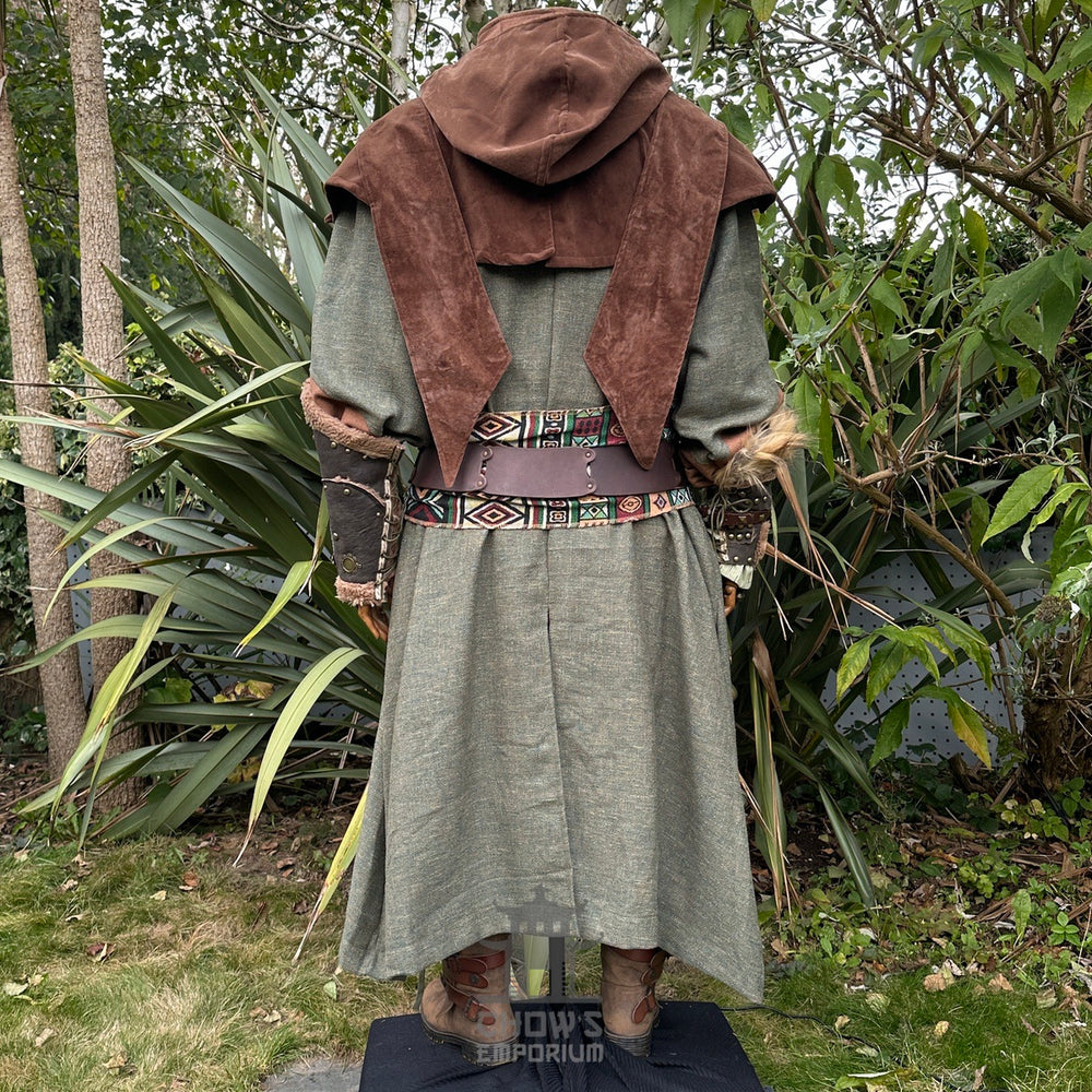 Medieval LARP costume back view featuring a green robe, hood and sash. For Renaissance Faire and historical roleplay events.