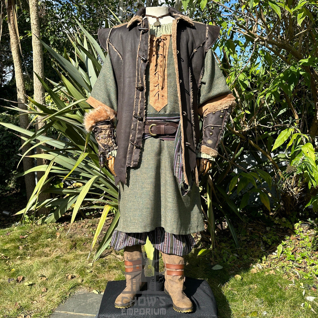 Medieval LARP outfit front view, featuring a brown waistcoat, green tunic, trousers and sash. For Renaissance Faire and historical roleplay events.