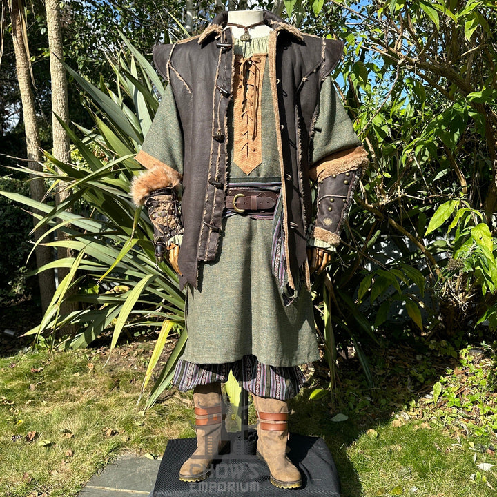 Medieval LARP outfit front view, featuring a brown waistcoat, green tunic, trousers and sash. For Renaissance Faire and historical roleplay events.