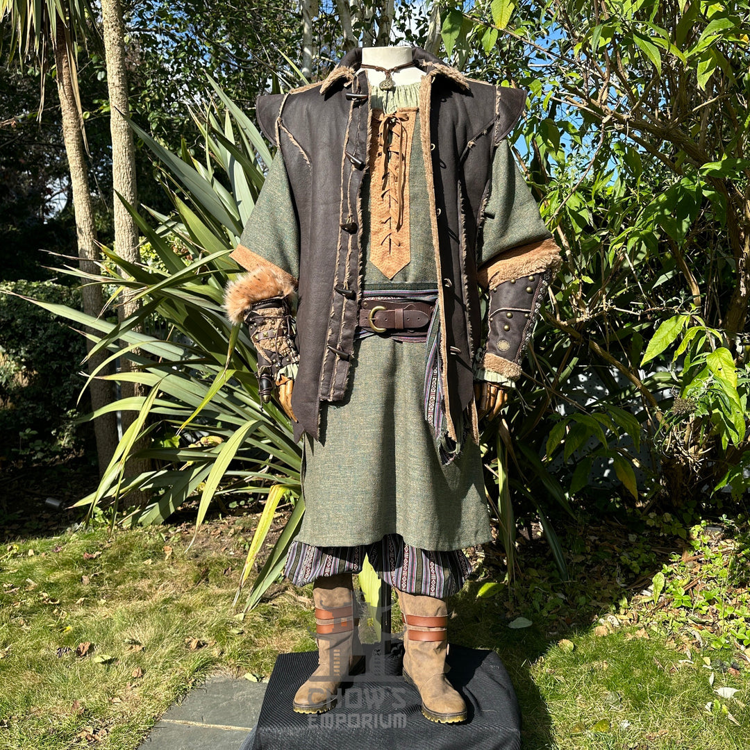 LARP-Outfit für Schurken-Druiden – 7 Teile: Jacke, Kapuze, Armschienen, Tunika, Hose, Gürtel, Schärpe