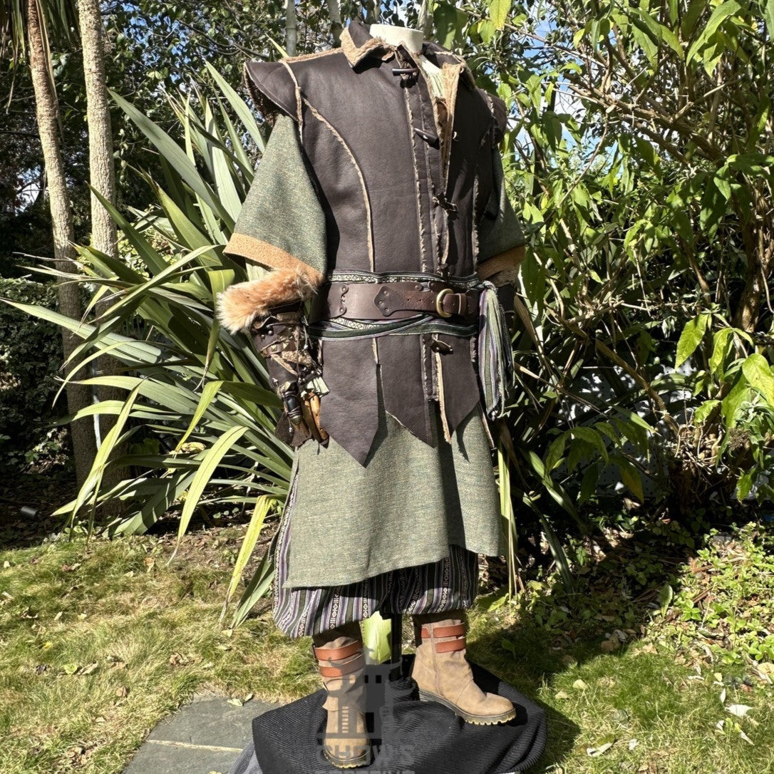 Verdant Ranger LARP set with green tunic, brown waistcoat, and fur-trimmed vambraces.