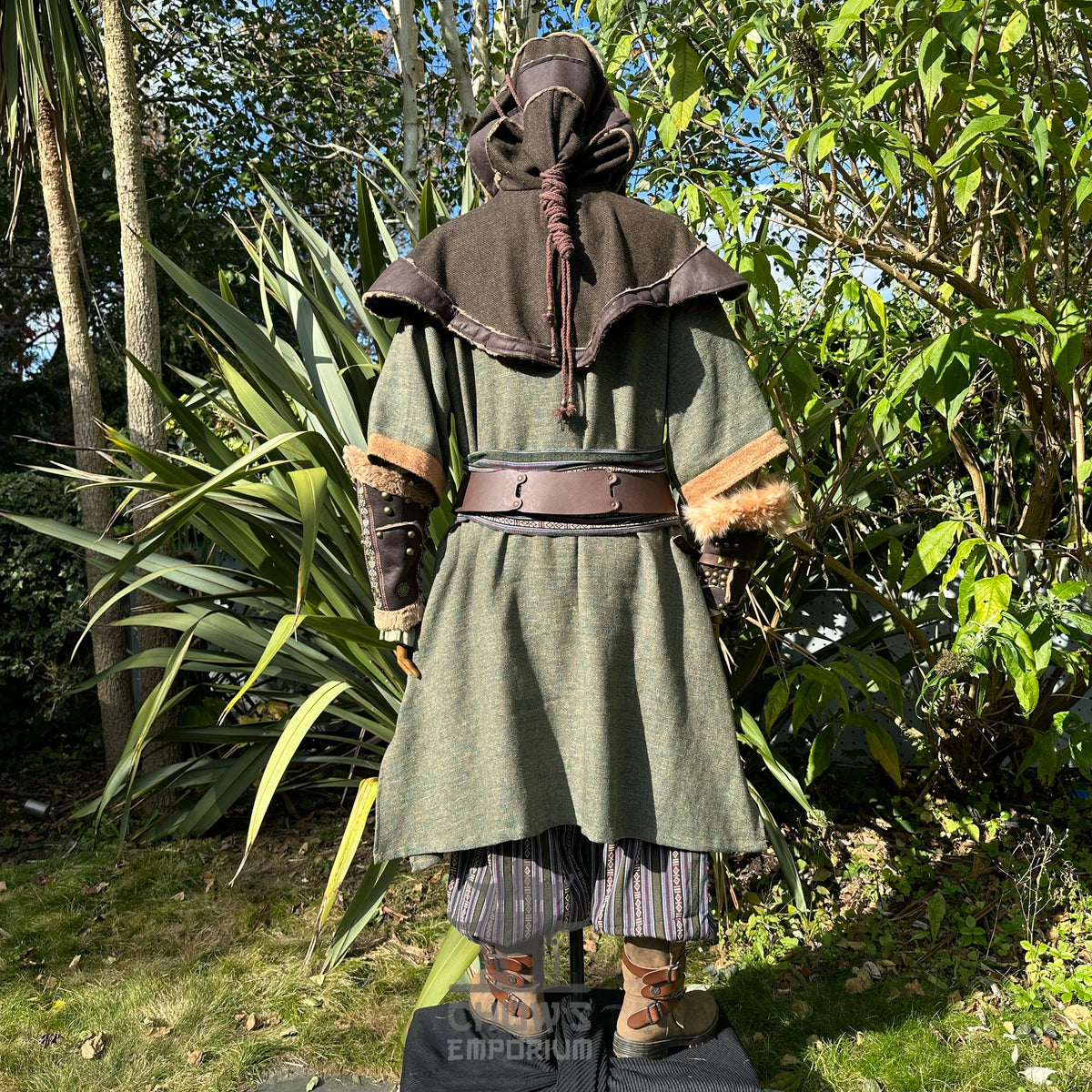 Back view of green and brown woven medieval tunic for LARP.