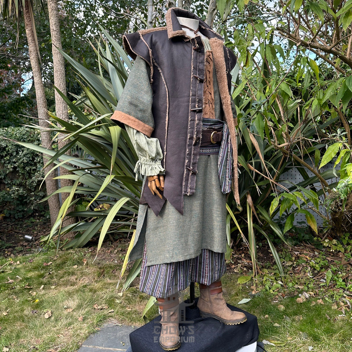Brown and green medieval LARP outfit with tunic, waistcoat, and belt.