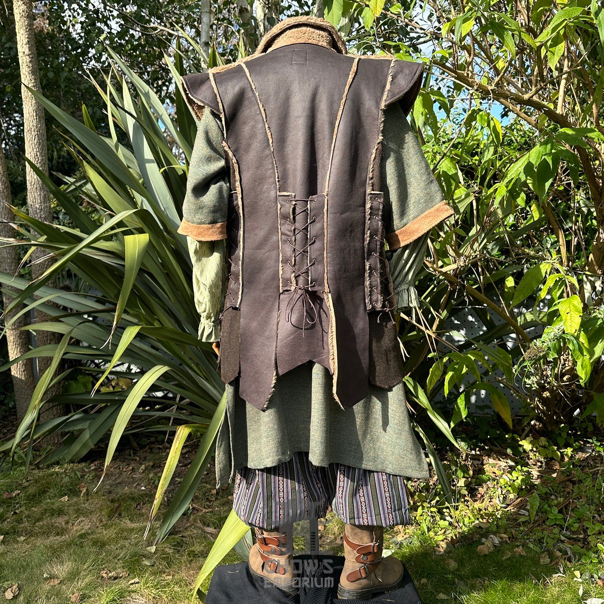 Back view of Woodland Fighter LARP set with brown waistcoat and green tunic.