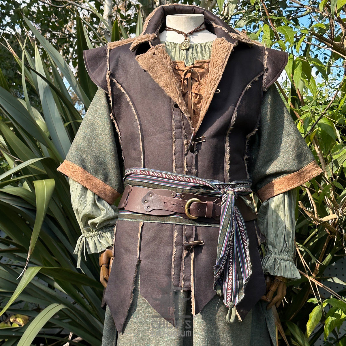Verdant Ranger LARP set with green tunic, brown waistcoat, and woven sash.